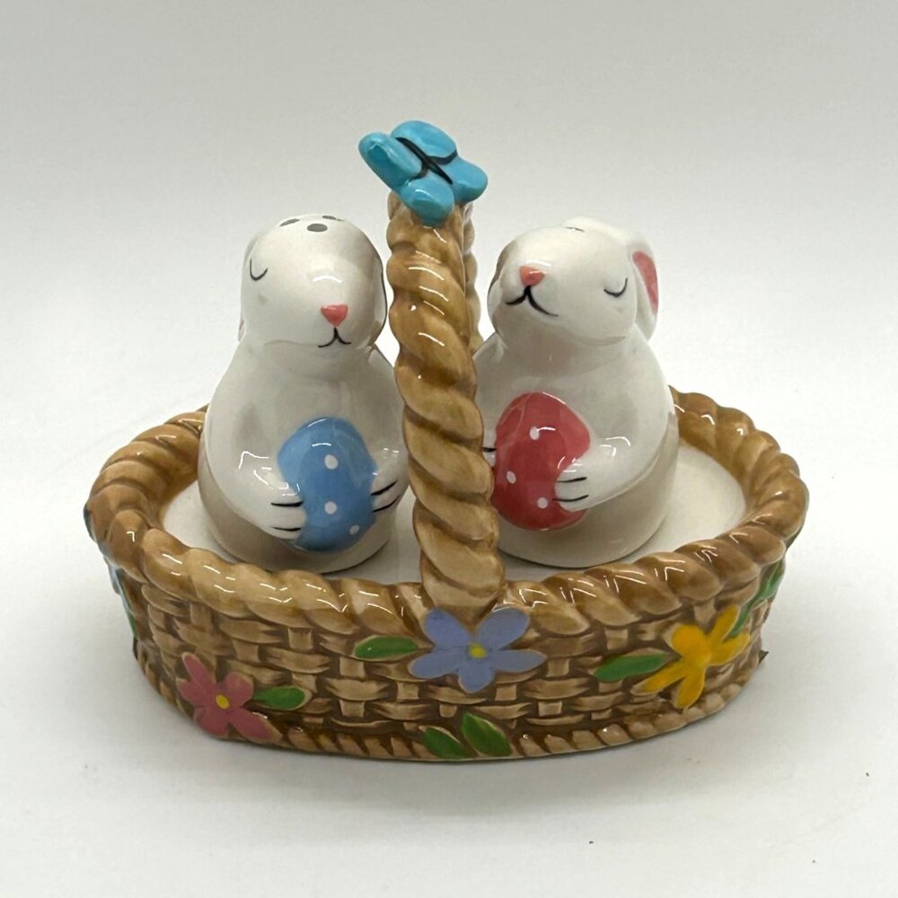 Blue Sky Ceramics Easter Bunny Couple Salt Pepper Shaker Set Floral Basket Butte